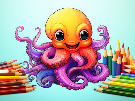 Illustration of a cute octopus with pencils on a blue backgroundの素材