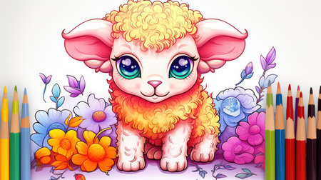 Cute cartoon sheep with flowers and colorful pencils on white backgroundの素材