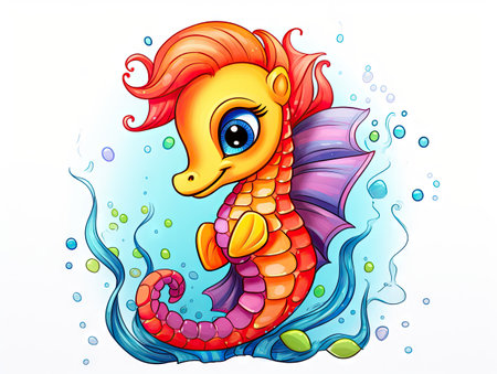 Illustration of a cute cartoon seahorse on a white backgroundの素材