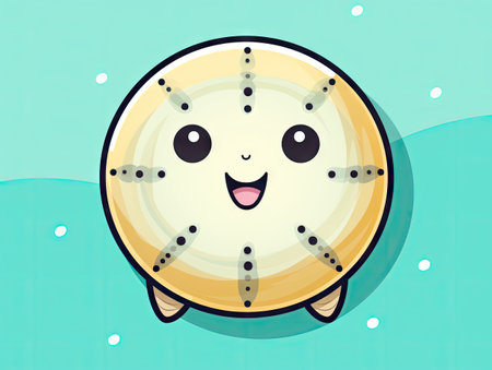 Cartoon clock with happy face on blue background. Vector illustration.の素材