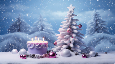 Christmas greeting card. Christmas tree, candles and decorations on snow.の素材