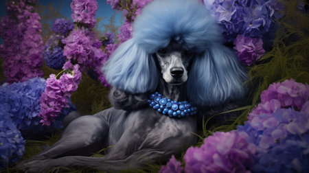 Poodle dog with lilac flowers, 3d rendering. Computer digital drawing.の素材