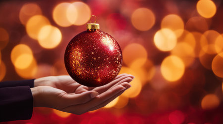 Closeup of woman holding christmas ball on bokeh backgroundの素材