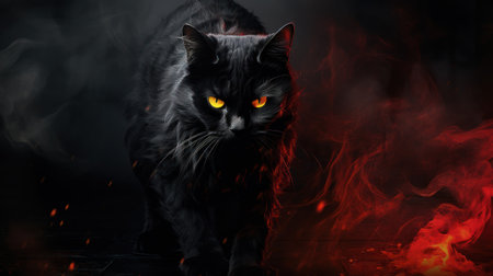 Black cat with yellow eyes on a dark background with fire and smokeの素材