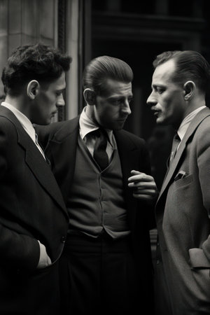 Three businessmen looking at each other in the city. Black and white.の素材
