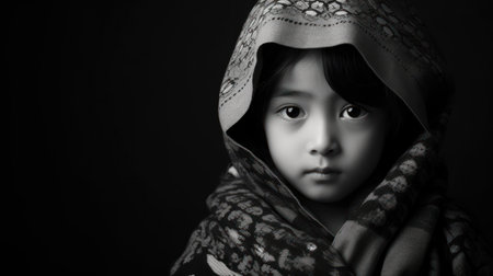 A portrait of a little girl wearing a headscarf on her head.の素材