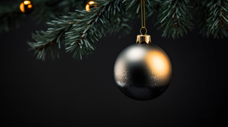 Christmas and New Year background with fir branches and black bauble.の素材