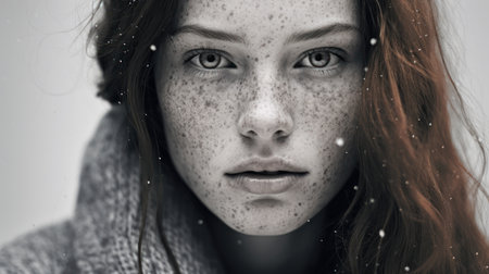 Portrait of a beautiful young woman with freckles on her faceの素材