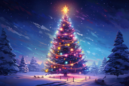 Christmas tree in the snowy forest. Christmas background. Vector illustration.の素材