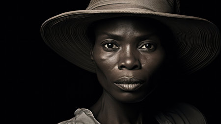 Portrait of a beautiful African American woman in a hat on a black backgroundの素材