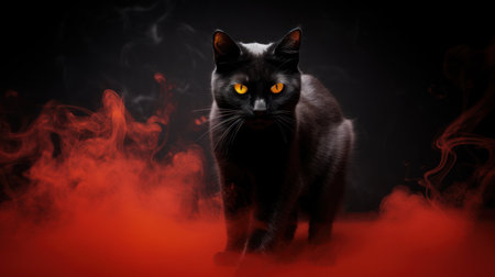 Black cat with orange eyes on a black background with red smoke.の素材