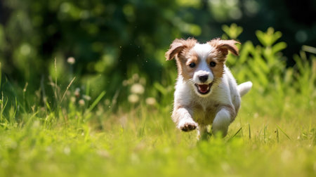 Portrait of a border collie dog running on the grass.の素材