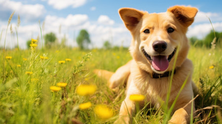 Portrait of a happy dog on a meadow with yellow flowersの素材