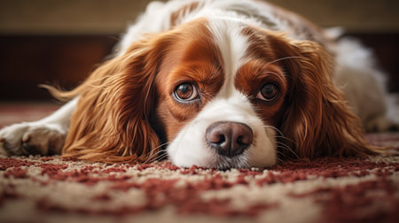 Cavalier King Charles Spaniel dog lying on carpet at homeの素材