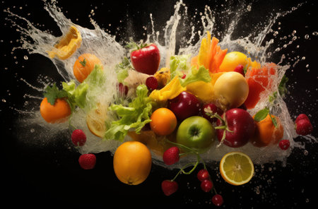 Fresh fruits and vegetables falling into water with splash on black background.