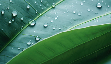 Green leaf with water drops close-up. Natural background for design.の素材
