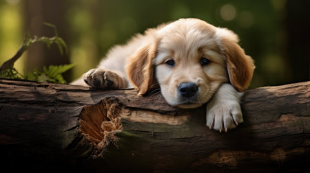 Cute Golden Retriever puppy lying on a log in the forestの素材