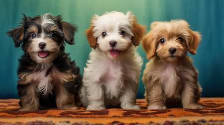 Three cute puppies of the Biewer Yorkshire Terrier in studioの素材