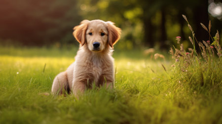 Cute Golden Retriever puppy sitting on the grass in the parkの素材