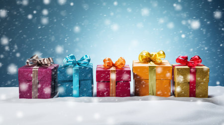 Colorful gift boxes on snow with snowflakes in background.の素材