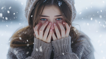 Beautiful young woman in winter clothes is covering her face with hands.の素材