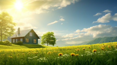 House on the meadow with yellow dandelions and blue skyの素材