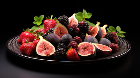 Blackberries, figs, blackberries and mint on a black backgroundの素材