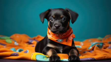 Cute puppy with orange bandana on blue background, studio shotの素材