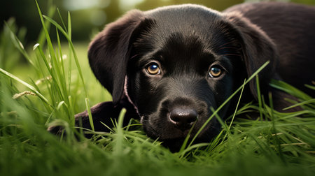 Labrador Retriever puppy lying in the grass looking into the cameraの素材