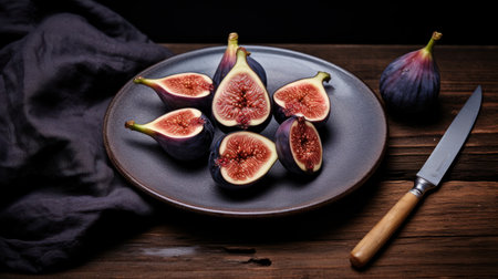 Fresh figs on a plate with a knife on a wooden backgroundの素材