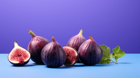 Fresh figs with leaves on blue background. Copy space for text.の素材