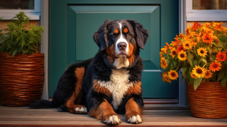 Bernese mountain dog sitting in front of a green door with flowersの素材