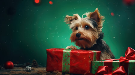 Cute yorkshire terrier with christmas gifts on green backgroundの素材