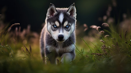 Siberian Husky puppy with blue eyes on a background of grassの素材