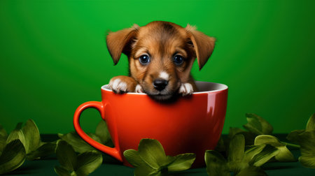Cute puppy in red cup with clover leaves on green backgroundの素材