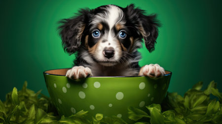 Cute puppy sitting in green bowl with green leaves on green backgroundの素材