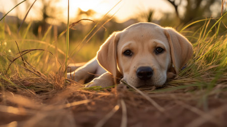 Labrador retriever puppy lying on the grass in sunset light.の素材