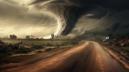Dramatic stormy sky over rural road, 3d illustrationの素材