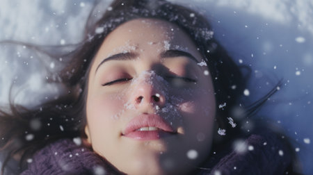 Portrait of a beautiful young woman with closed eyes lying on the snowの素材