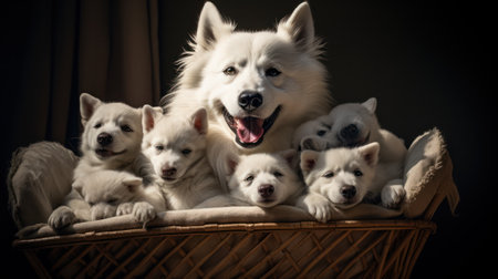Group of white siberian husky puppies in a basket.の素材