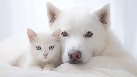 White siberian husky puppy and cat on white bed.の素材