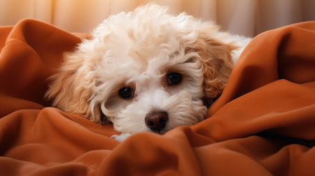 Cute poodle dog lying on the bed with orange blanket.の素材