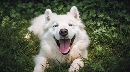 White Samoyed dog lying on the grass in the park.の素材