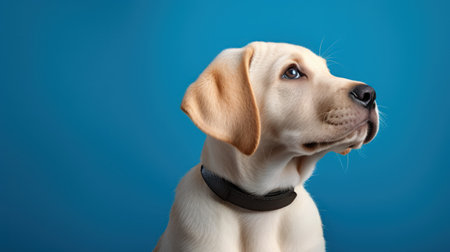 Labrador retriever puppy on blue background. Studio shot. Copy space.の素材