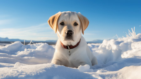 Labrador retriever puppy in the snow on a sunny winter dayの素材