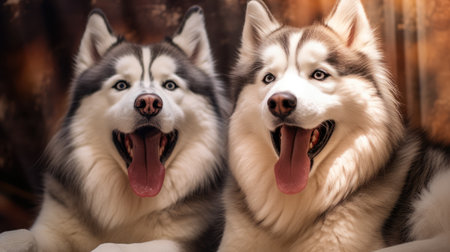 Two Siberian Husky dogs on a wooden background. Studio shot.の素材