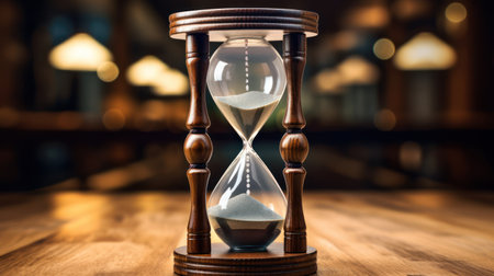 Hourglass on wooden table in cafe. Concept of time passing.の素材