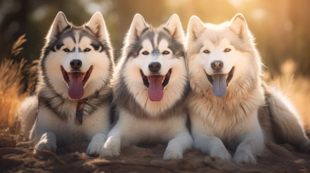 Three beautiful siberian husky dogs sitting on the sand at sunset.の素材