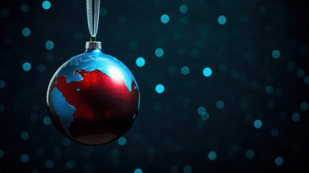 Christmas bauble with world map on bokeh background. 3D renderingの素材