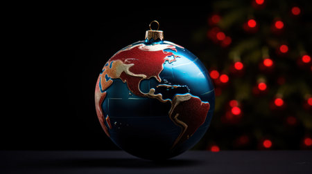 Christmas globe on a black background with red bokeh lights.の素材